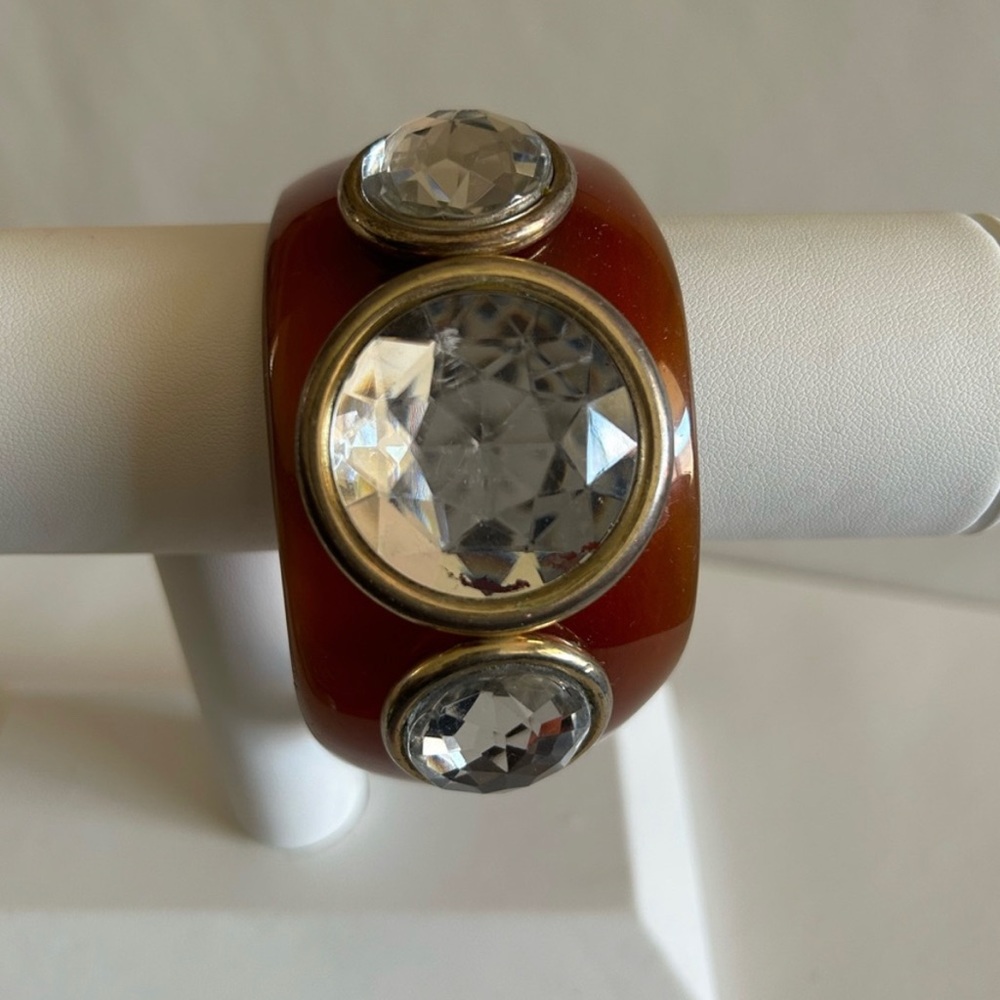 80’s VINTAGE Huge Chunky Brown Lucite Giant Faucet Cut Rhinestone Cuff Bracelet.